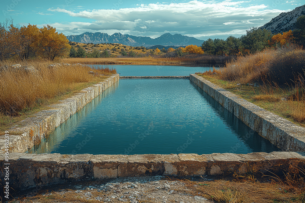 An empty reservoir with its water levels significantly lowered, reflecting the severity of prolonged water shortages. Concept of water conservation and climate impact. An empty reservoir with its water levels significantly lowered, reflecting the severity of prolonged water shortages. Concept of water conservation and climate impact.