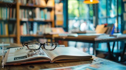 Wallpaper Mural An open book with a pair of glasses resting on top, placed on a wooden table in a cozy, inviting bookstore setting.. Torontodigital.ca