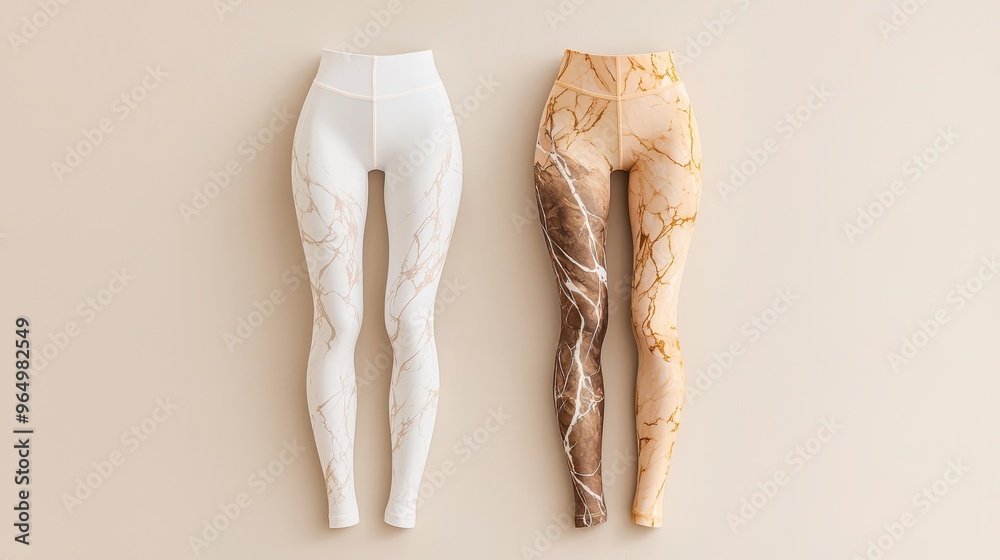 White and Beige Marble Pattern Leggings on Beige Background White and Beige Marble Pattern Leggings on Beige Background