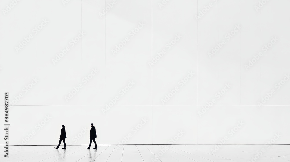 Two Silhouettes Walking Away on White Background Two Silhouettes Walking Away on White Background