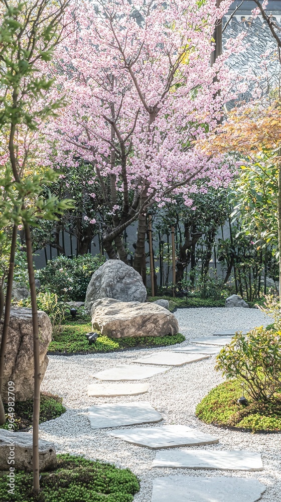 Fototapeta premium A serene outdoor garden featuring a well-maintained path of flat stones set in white gravel. The path curves gently through the garden, bordered by green plants and shrubs. Prominent rocks are strateg
