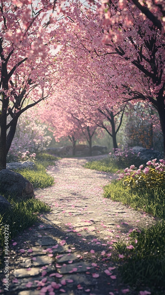 A picturesque scene of a pathway winding through a garden filled with blossoming pink cherry blossom trees. The trees form a delicate canopy overhead, creating a tunnel-like effect. The ground is ligh