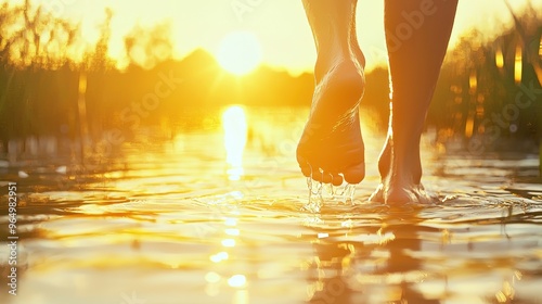 Woman s Feet Walking in Water at Sunset photo