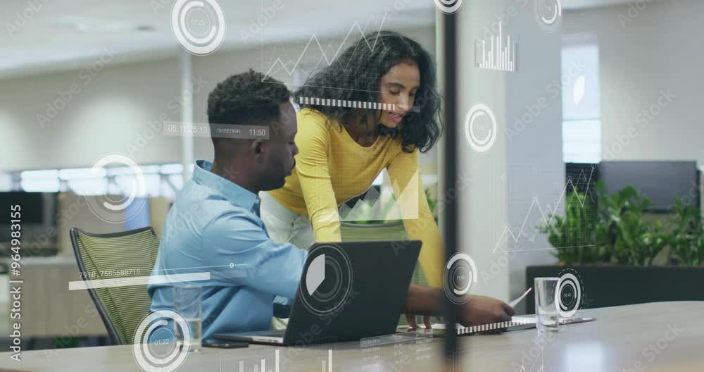 Animation of financial data processing over diverse business people in office Animation of financial data processing over diverse business people in office