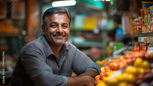 A smiling vendor at a marke...