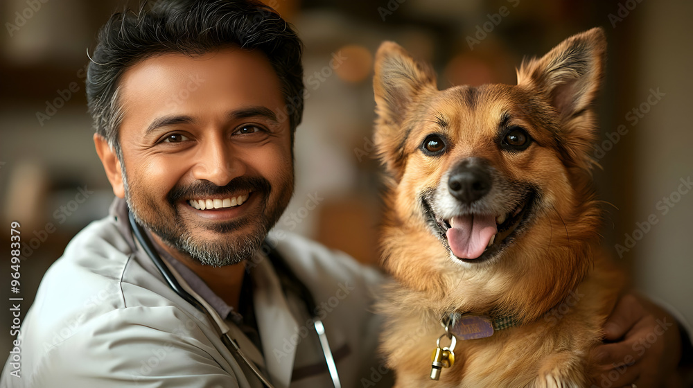 A smiling veterinarian posing with a happy dog in a warm, inviting environment. A smiling veterinarian posing with a happy dog in a warm, inviting environment.