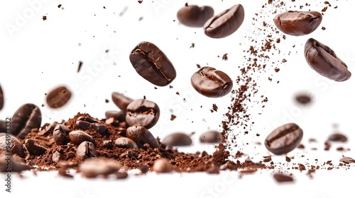 Explosive Burst of Roasted Coffee Beans and Ground Pieces Flying Through the Air Isolated on White Background Creating a Rich Aroma and Fresh Coffee Flavor