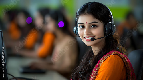 A smiling woman in a headse...