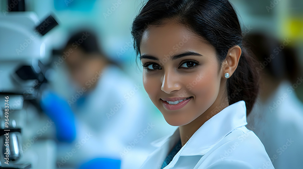 A smiling woman in a lab coat, working in a scientific laboratory with a microscope. A smiling woman in a lab coat, working in a scientific laboratory with a microscope.