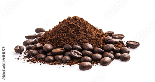 Isolated coffee powder pile with a clipping path and coffee beans on the ground on a white background.