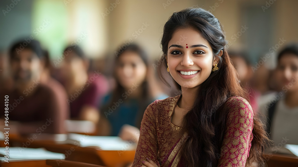 A smiling woman in traditional attire in a classroom setting, surrounded by peers. A smiling woman in traditional attire in a classroom setting, surrounded by peers.