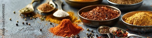 Variety of ground spices arranged on a table alongside small spoons photo