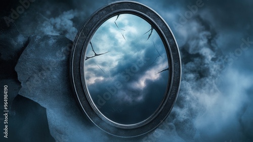 A surreal fantasy landscape featuring a circular mirror reflecting a cloudy sky, surrounded by an ethereal mist.