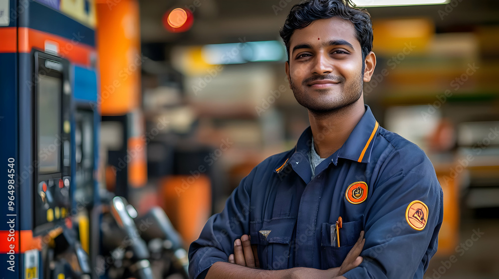 Fototapeta premium A smiling worker stands confidently at a fuel station, showcasing a friendly service environment.