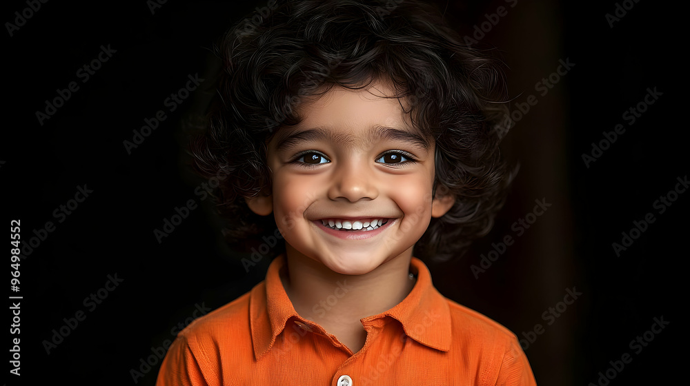 A smiling young child with curly hair wearing an orange shirt against a dark background. A smiling young child with curly hair wearing an orange shirt against a dark background.