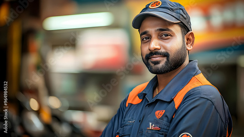 A smiling worker in a unifo...
