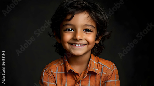A smiling young boy in an o...