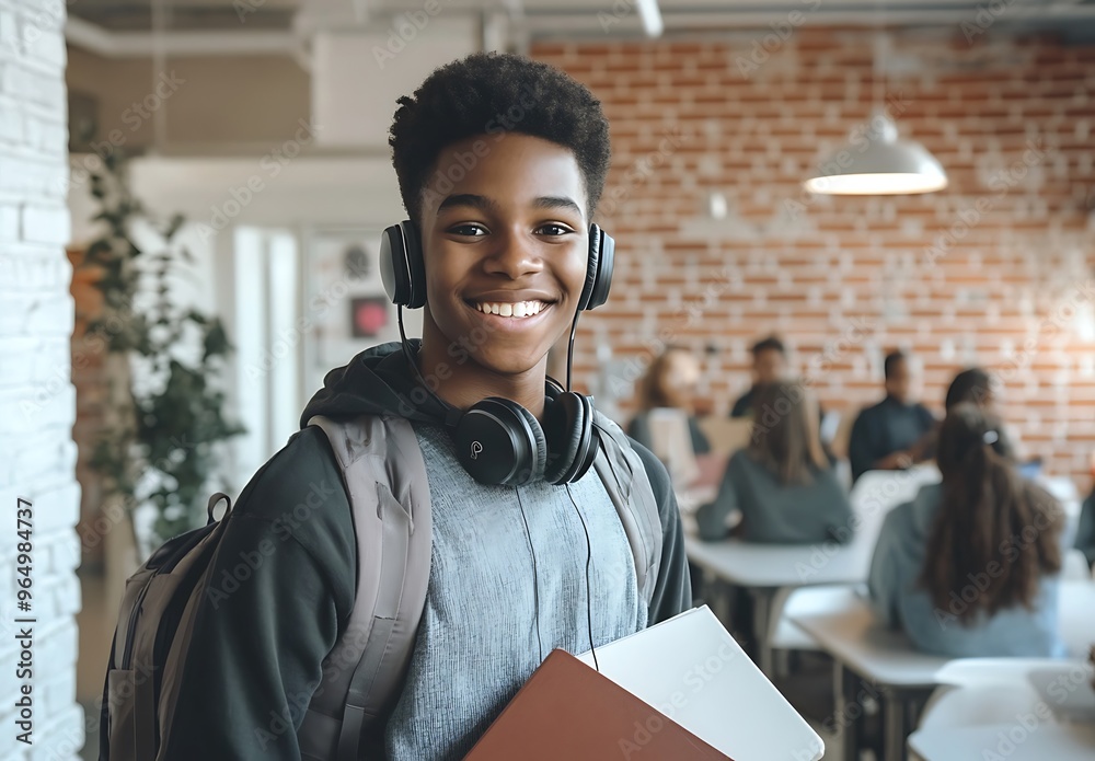 © Bit - Portrait of a young male college student wearing headphones and a beanie smiling while standing in a classroom with students behind him © Bit - Portrait of a young male college student wearing headphones and a beanie smiling while standing in a classroom with students behind him