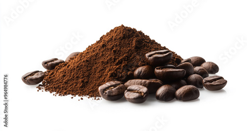 Isolated coffee powder pile with a clipping path and coffee beans on the ground on a white background.