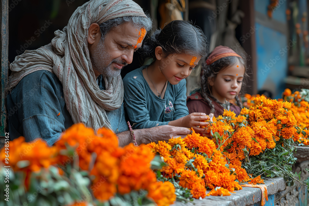 A family decorating their home with flowers and garlands for a cultural spring festival. Concept of renewal and beauty in cultural traditions. A family decorating their home with flowers and garlands for a cultural spring festival. Concept of renewal and beauty in cultural traditions.