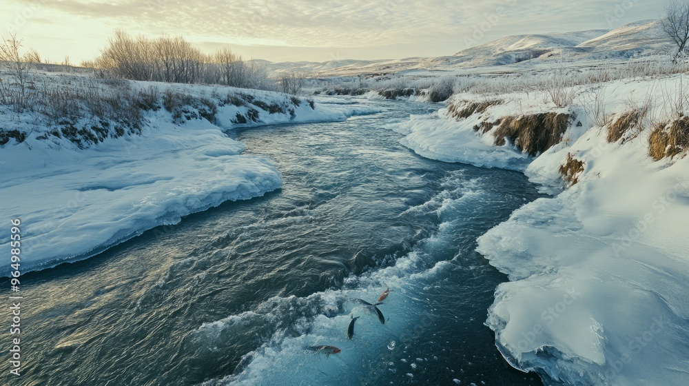 Salmon leap upstream in a snowy river. Salmon leap upstream in a snowy river.