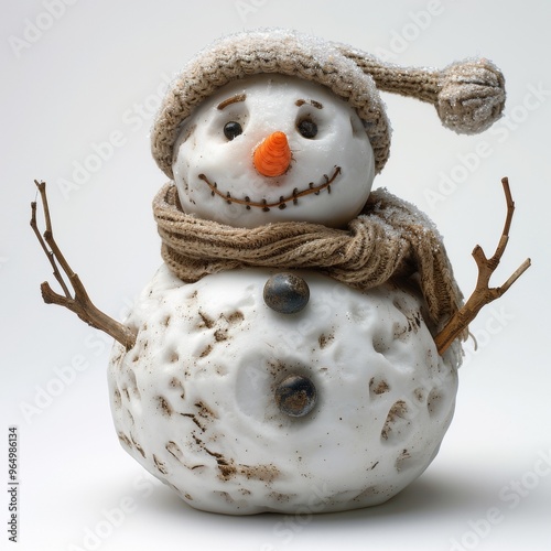 Endearing snowman crafted from freshly fallen snow, featuring a carrot nose, coal eyes, and a warm smile, set against a pristine white background.