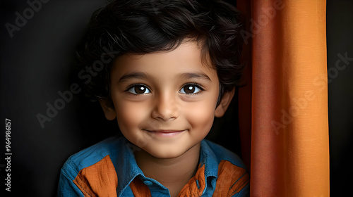 A young boy smiling warmly,...