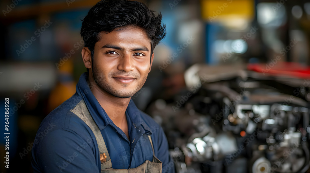 A young mechanic smiles while working in an automotive workshop.