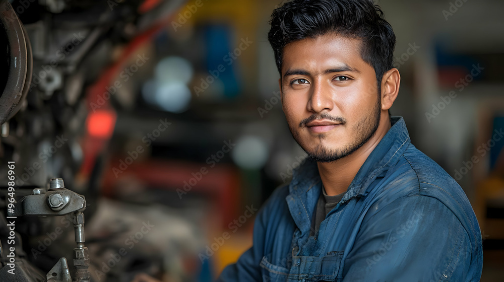 Fototapeta premium A young mechanic smiling while working in an automotive workshop.