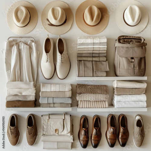 Essential pieces of a minimalist wardrobe arranged neatly on a white background, creating a sense of calm and sophistication. Modern fashion concept