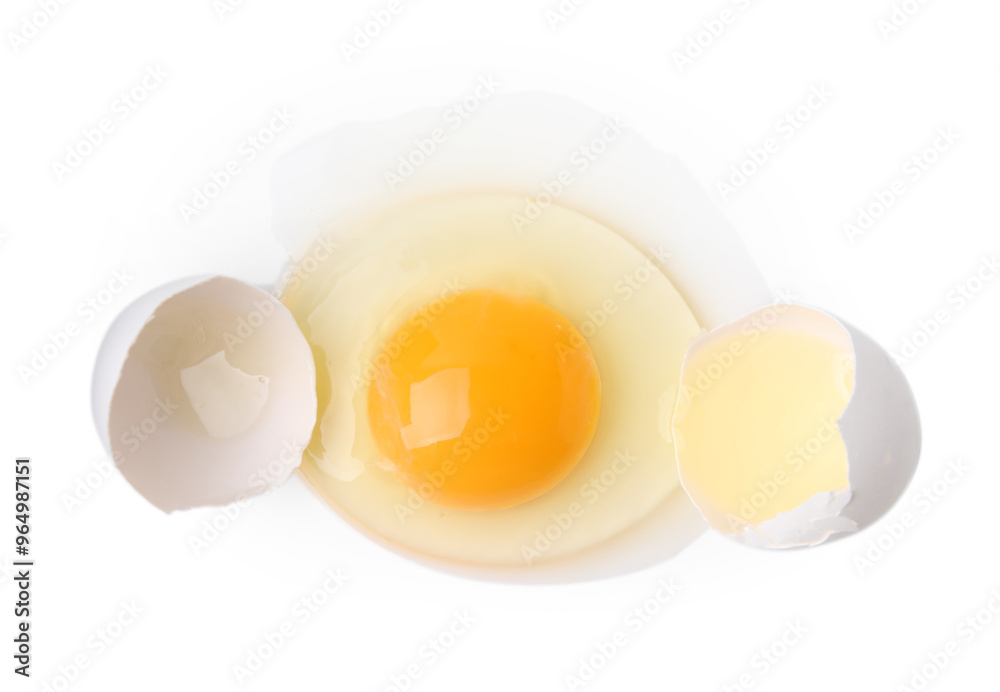 Broken raw egg isolated on white, top view Broken raw egg isolated on white, top view