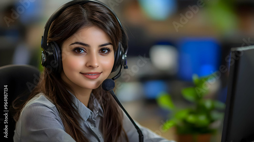 A young woman in a headset ...