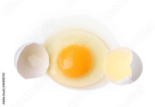 Broken raw egg isolated on white, top view