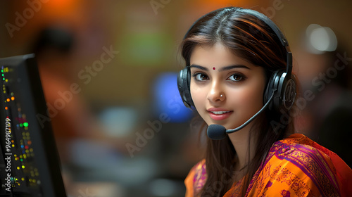A young woman in a headset,...