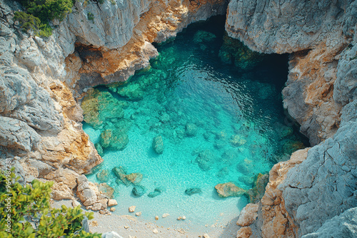 Overhead view of a stunning coastline with dramatic cliffs and clear waters, highlighting the rugged beauty of coastal landscapes. Concept of coastal cliffs and natural erosion.