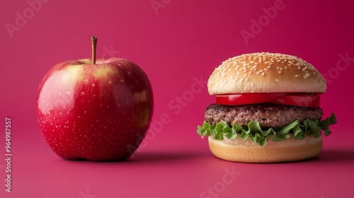 Apple and burger. Healthy and unhealthy food background