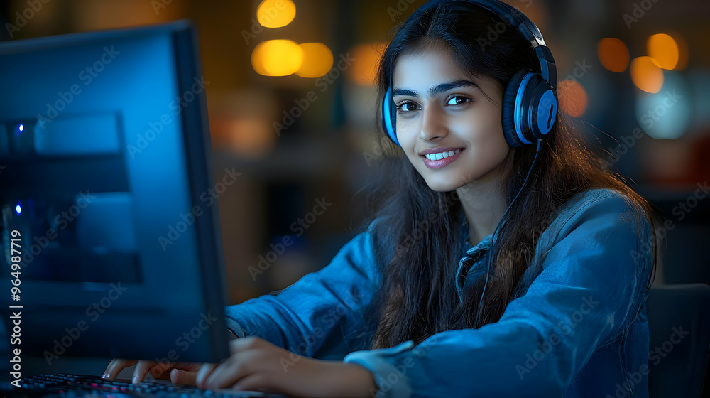 A young woman wearing headphones smiles while using a computer at night. A young woman wearing headphones smiles while using a computer at night.