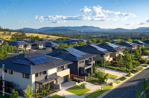 Low aerial close view new dense rural housing development. Rows of houses of various tightly-packed houses with grey roofing, some green landscaping, young trees. still under construction.