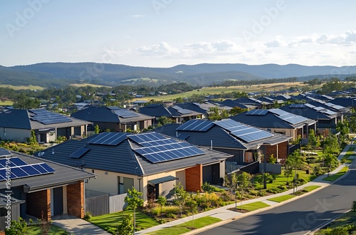 Low aerial close view new dense rural housing development. Rows of houses of various tightly-packed houses with grey roofing, some green landscaping, young trees. still under construction.