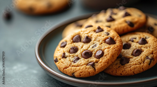 Freshly baked homemade chocolate chip cookies on a plain white plate, showcasing a delicious treat with golden edges and gooey chocolate chunks, perfect for any dessert lover