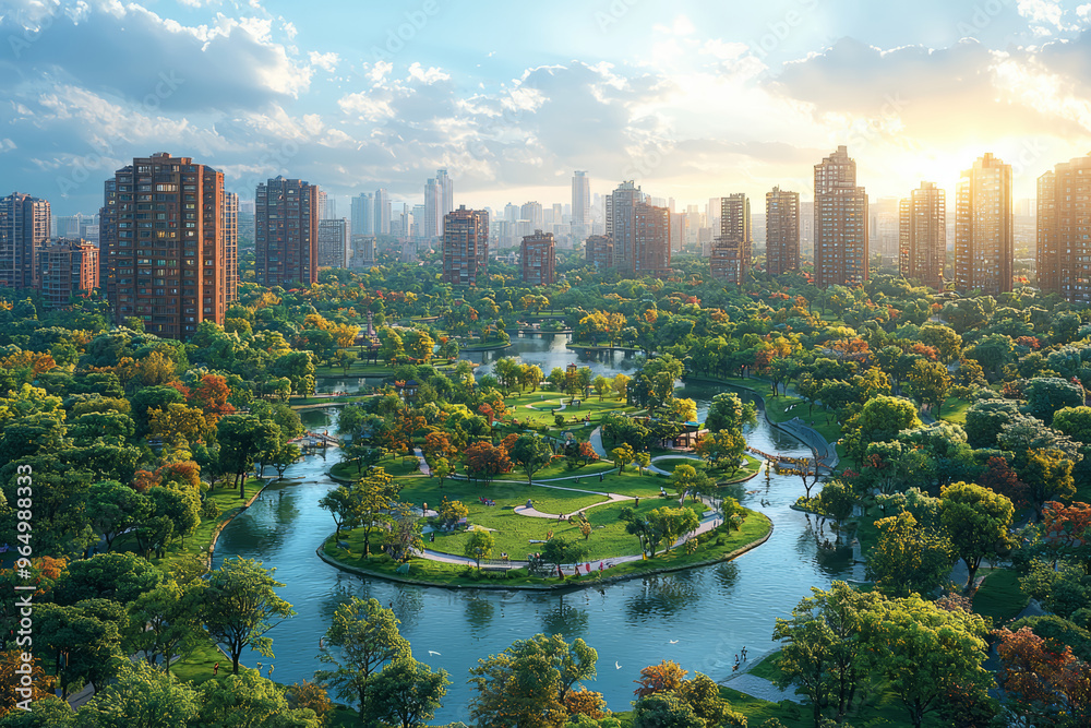 Bird's-eye view of a large urban park with green spaces and ...