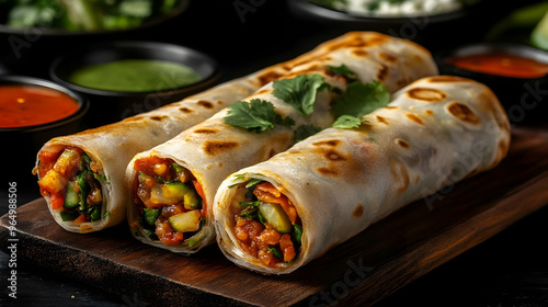 Three rolled flatbreads fil...