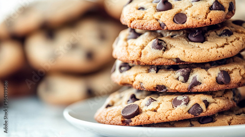 Freshly baked homemade chocolate chip cookies on a plain white plate, showcasing a delicious treat with golden edges and gooey chocolate chunks, perfect for any dessert lover