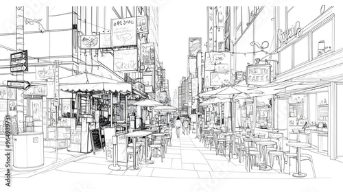 New York City, Street cafe, Direct Perspective, on a white background