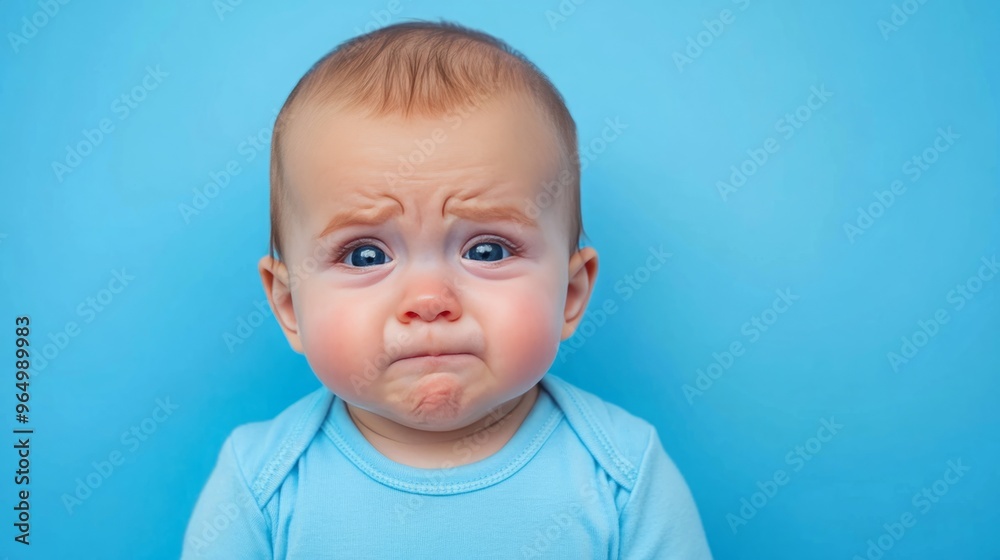 Sad Baby with a Frown on a Light Blue Background Sad Baby with a Frown on a Light Blue Background