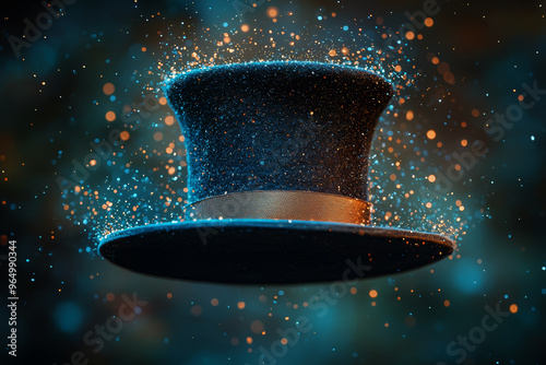 A magician's hat floating in mid-air with no visible hand, suggesting a magical disappearance. Concept of illusion and enchantment.