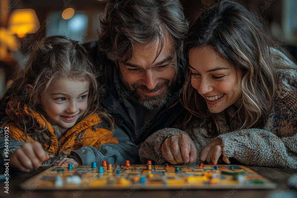 A family gathered around a board game at home, sharing laughs and enjoying a cozy evening. Concept of family fun and bonding. A family gathered around a board game at home, sharing laughs and enjoying a cozy evening. Concept of family fun and bonding.