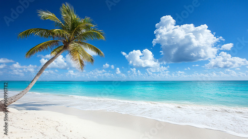 Idyllic sunny tropical beach scene with crystal-clear waters, golden sands, and lush palm leaves, evoking relaxation, escape, and tropical bliss