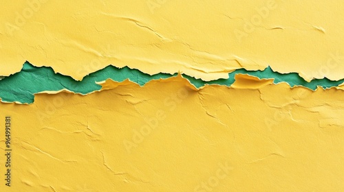 Torn Yellow Paper Revealing Green Layer Textural Abstract