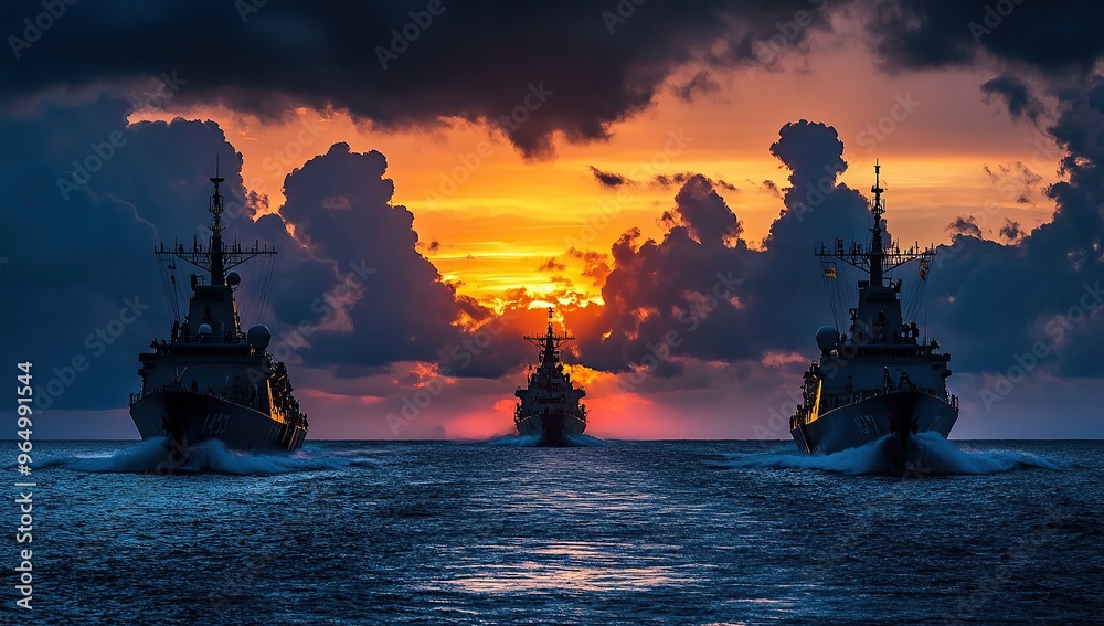 three navy ships in the ocean, dark clouds and sunset three navy ships in the ocean, dark clouds and sunset